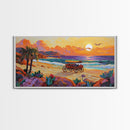 Horse Carriage, Sunset, Beach, Framed Canvas Print, coastal western art, rustic sunset scene, boho living room wall decor