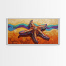 Starfish Beach, Colorful, Textured, Framed Canvas Print, coastal boho decor, ocean theme, beach house bathroom wall art