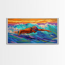 Swimmer Waves, Sunset, Athletic Art, Framed Canvas Print, Ocean Decor, Fitness Wall Art, Bedroom Inspiration, Bold Summer Style
