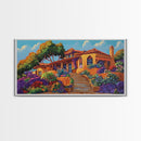Villa Garden, Adobe, Colorful, Framed Canvas Print, vibrant Mexican villa wall art, blooming flowers, southwestern kitchen décor