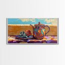 Teapot Patio, Desert, Ceramic, Framed Canvas Print, bold desert teapot art, colorful Mexican pottery, sunny outdoor patio wall art