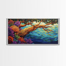 Tree, Ocean, Cliffside, Wildflowers, Framed Canvas Print, Vibrant ocean view, coastal tree decor, autumn style living room wall art
