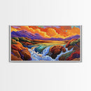 Sunset, Waterfall, Mountains, Autumn, Framed Canvas Print, Mountain sunset wall decor, autumn river art, rustic boho living room art