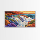 Waterfall Rainbow, Canyon, Bold, Framed Canvas Print vibrant nature bathroom decor, boho rainbow mountain wall art, fantasy print