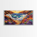 Ocean Sunset, Wave Splash, Framed Canvas Print, colorful crashing waves, rocky coast wall decor, Beach House Wall painting