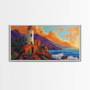 Lighthouse Ocean, Sunset, Cliff, Coastal lighthouse Canvas Print, living room seascape painting, nautical wall decor, sunset vibes art