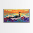 Ocean Bird, Sunset, Framed Canvas Print, Vibrant seabird in waves sunset seascape painting, Colorful Coastal Decor, Bathroom Wall Art