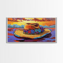 Hat Floral, Sunset, Framed Canvas Print, Boho straw hat with flowers on beach at sunset, Whimsical Summer Art, Entryway Wall Art