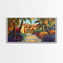 Villa Garden, Palms, Path, Framed Canvas Print, tropical courtyard scene, Mediterranean decor, living room wall art, villa painting