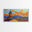 Tower Mountains, Sky, Clouds, Canvas Print, whimsical turret landscape, pastel sky art, colorful fantasy decor, study wall art