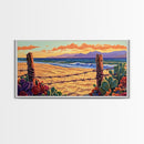 Beach Cactus, Fence, Framed Canvas Print, Vibrant Desert Beach Landscape, Colorful Boho Western Decor, Southwestern Living Room Art