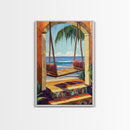Swing Ocean, Tropical, Archway, Framed Canvas Print, Beach retreat wall art, vibrant tropical decor, Bedroom or Bathroom Wall Art