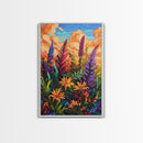 Vibrant Autumn, Blooms, Landscape, Framed Canvas Print, Bright Wildflower Artwork, Living Room Wall Art, Colorful Fall Floral Boho Painting