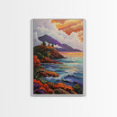 Cliffs Waves, Mountains, Autumn, Framed Canvas Print, coastal cliffs wall art, crashing waves painting, Autumn landscape, living room decor