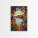 Tropical Lake, Sunset, Leaves, Canvas Print colorful tropical art, jungle boho decor, vibrant beach house wall art, exotic nature room print
