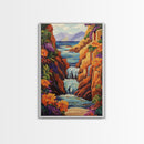 Waterfall Cliffs, Ocean, Framed Canvas Print, Tropical Canyon Wall Art, Colorful Nature Inspired Decor, Bathroom art, Entryway Wall Art