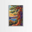 Tree Lake, Mountains, Nature, Framed Canvas Print, pine tree art, autumn landscape wall decor, cozy cabin or lodge art, textured style