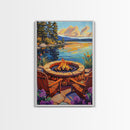 Firepit Chairs, Lake, Sunset, Framed Canvas Print, outdoor patio wall decor, rustic lakeside art, cozy fall cabin retreat artwork