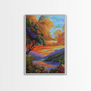 Sunset Lake, Tree, Vivid Nature Framed Canvas Print, Autumn Scenic Wall Art, Bedroom Fall Landscape Decor, Impressionist Style