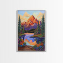 Mountain Sunset, Floral, Lakeview Framed Canvas Print, Bold Nature Landscape, Entryway Autumn Art, Vibrant Boho Wall Decor