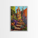 Garden Shrine, Stone Steps, Mission Style, Framed Canvas Print, colorful religious art, desert decor, boho rustic, Living Room Wall Art