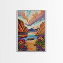 Sunset Boats, Tranquil Cove, Coastal Wall Decor, Framed Canvas Print, Beach House Art, Pastel Sky Painting, Colorful Nautical Art
