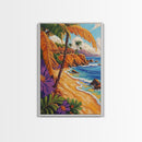 Tropical Beach, Huts, Framed Canvas Print, Island paradise artwork, palm tree coastal decor, bathroom or entryway art, boho summer scene