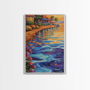 Waterfront Glow, Sunset Village, Palm Colors, Tranquil Scene, Framed Canvas Print, Dining Room Wall Art, Coastal Home Decor, Tropical Vibes