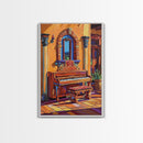 Spanish Piano, Sunlit Interior, Warm Rustic Style, Music Room Wall Art, Traditional Decor, Framed Canvas Print, Mediterranean Home Vibe