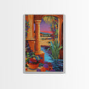 Desert Garden View, Vibrant Sunset Patio, Mexican Courtyard Scene, Framed Canvas Print, Colorful Patio Art, Kitchen Wall Art, Boho Decor