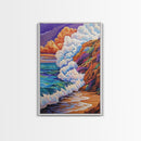 Ocean Wave, Sunset Sky, Rocky Coast, Vibrant Sea — Framed Canvas Print beach wall decor, colorful ocean art, coastal living room wall art
