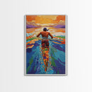 Man Swimming Sunset, Ocean Freedom Art, Tropical Wall Decor, Canvas Print, Bright Water Colors, Bold Bathroom Wall Art