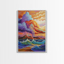 Stormy Coastal Sunset, Rainbow Clouds Over Ocean, Dramatic Sky Wall Art, Framed Canvas Print, Boho Nature Decor, Living Room Art