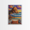 Sunset Beach, Cliffs, Waves, Framed Canvas Print vibrant coastal wall art, beach house decor, ocean cliffs, boho style, living room wall art