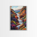Cascading Falls, Ocean Cliffs, Tropical Flowers, Bold Nature, Framed Canvas Print, Living Room Wall Art, Maximalist Decor, Beach Art