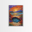Sunset Lake Reflection, Fiery Sky, Tranquil Water, Mountain Glow, Framed Canvas Print, Bedroom Wall Art, Autumn Decor, Serene Art