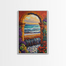 Stone Archway Ocean, Dreamy Seaside Scene, Romantic Sunset Art, Framed Canvas Print, Coastal Entryway Wall Art, Vacation Vibes