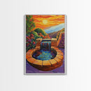 Brick Fountain Sunset, Peaceful Garden Oasis, Warm Tones, Autumn Wall Art, Framed Canvas Print, Serene Patio or Hallway Decor
