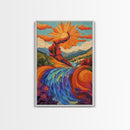 Sunflower River Scene, Whimsical Nature Landscape, Joyful Energy Art, Framed Canvas Print, Bright Nursery Wall Art, Autumn Boho Style
