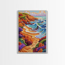 Colorful Beach, Tropical Waves, Vibrant Landscape, Coastal Flowers, Framed Canvas Print, boho art, sunroom wall decor, beach house painting