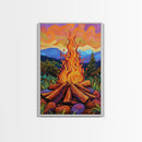 Flames Forest, Dusk, Firelight, Framed Canvas Print rustic bonfire wall art, forest painting, Autumn cabin decor, cozy living room wall art