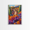 Village Flowers Path, Scenic Country Road Painting, Framed Canvas Print, Whimsical Boho Art, Kitchen Wall Decor, Mediterranean Style