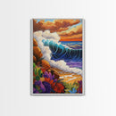 Wave Bold, Ocean, Sunset, Framed Canvas Print, Sunset surf wave crashing on rocks with bold colors, perfect beach house wall art