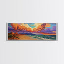 Peaceful Coastal Beach, Colorful Sunset Clouds, Tranquil Ocean Scene, Relaxing Bedroom Wall Art Framed Canvas Print, Bedroom Wall Decor