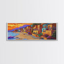 Seaside Village Sunset, Colorful Coastal Homes, Vibrant Ocean View, Framed Canvas Print, Beach House Decor, Bohemian Art