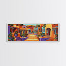 Colorful Village Lane, Bright Street Scene, Adobe Style Architecture, Framed Canvas Print, Boho Entryway Wall Art, Kitchen Decor