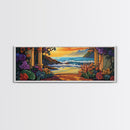 Ocean Escape, Sunset Garden, Floral Coastal Scene, Mediterranean Vibes, Framed Canvas Print, Kitchen Wall Art, Bold Color Artwork