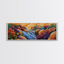 Waterfall Garden Scene, Colorful Floral Cascade, Fantasy Nature Artwork, Framed Canvas Print, Vibrant Bathroom or Entryway Art