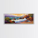 Ocean Wave Crash, Coastal Rock Shore, Vibrant Seascape Painting, Framed Canvas Print, Beach Bathroom or Nautical Living Room Art