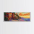 Coastal Village Sunset, Beach House Art, Vibrant Colorful Home Decor, Tropical Wall Style, Framed Canvas Print, Vacation Vibes